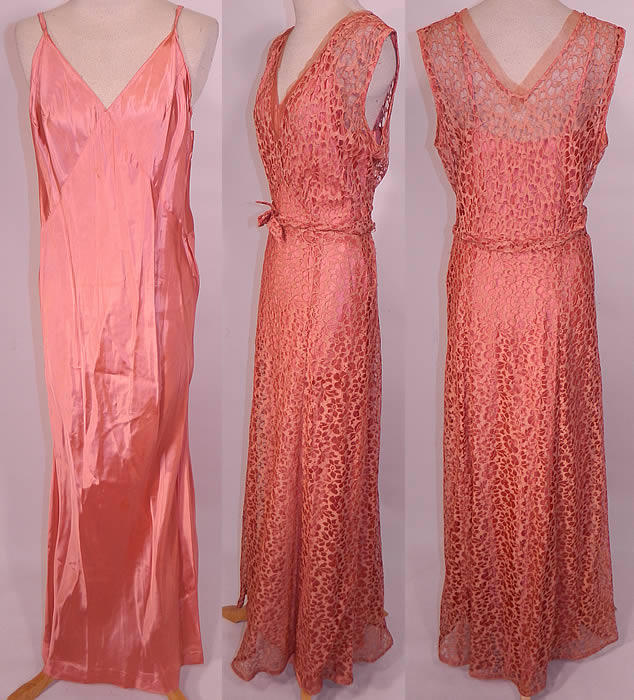 Vintage Pink Floral Cut Work Lace Belted Bias Cut Gown Dress Slip Bolero Jacket. This beautiful bias cut gown floor length dress is sleeveless, with plunging V necklines, a matching fabric belt, long full skirt, side snap closures and is sheer, unlined. 