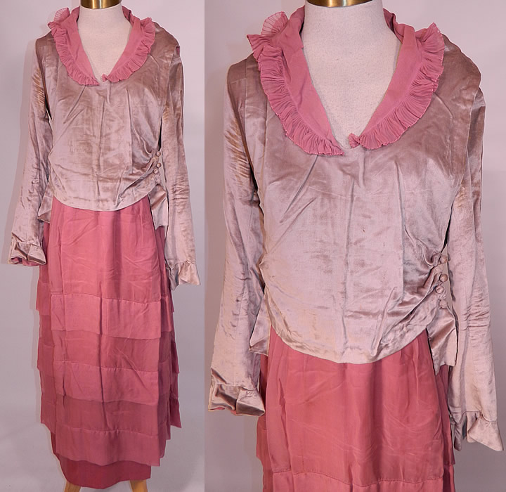 Vintage Pink Silk Gray Velvet Button Trim Late Teens 1915 WWI Era Tea Dress. This vintage pink silk gray velvet button trim late teens WWI era tea dress dates from the 1915. It is made of dusty rose pink color sheer silk chiffon fabric and a silvery gray color plush silk velvet fabric. 