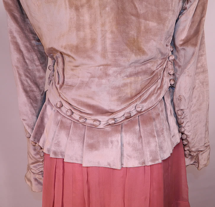 Vintage Pink Silk Gray Velvet Button Trim Late Teens 1915 WWI Era Tea Dress. The dress measures 46 inches long, with 38 inch hips, a 26 inch waist, 34 inch bust, 14 inch back and 23 inch long sleeves. 