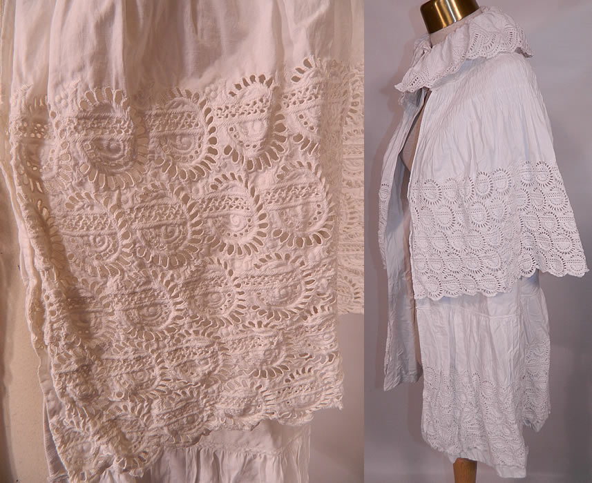 Victorian Broderie Anglaise Eyelet Embroidered Whitework Cotton Pique Cloak Cape. There are embroidered wheat stalks around the ruffle collar. This lovely lace cloak cape is a long mid length, with a layered tiered style, a large ruffle flounce collar, ruched tucks gathering along the shoulders and a mother of pearl button closure at the neck.This is truly a beautiful piece of antique whitework! 