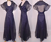 Vintage Navy Blue  White Flocked Polka Dot Organdy Bias Cut Dress & Slip