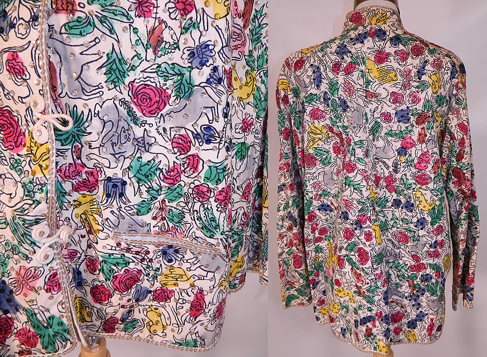 Vintage Teresa Original Taxco Mexican Figural Animals Hand Painted Sequin Jacket. The jacket measures 27 inches long, with a 44 inch waist, 44 inch bust, 19 inch back and 21 inch long sleeves. It is in good condition, missing only one toggle closure at the bottom. This is truly a wonderful wearable piece of Mexican textile folk art!