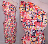 Vintage  Hawaiian Surfer Pineapple Print Cotton Off One Shoulder Sarong Dress 