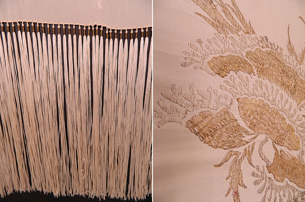 Vintage Silver & Gold Lame Lamé Cream Silk Fringe Flapper Piano Shawl. This fabulous flapper shawl measures 60 by 60 inches, with 15 inch long fringe trim. 