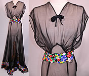 Vintage Sheer Black Chiffon Floral Print Silk Trim Belted Bias Cut Gown Dress 