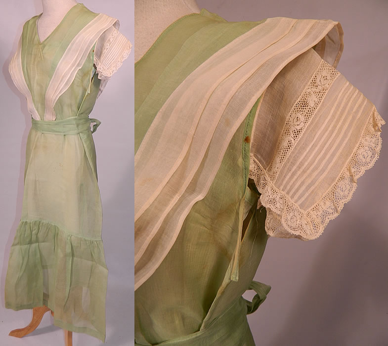 Vintage Mint Green Cotton Organdy Belted Dress & Chemise Teddy Slip. This pretty party dress has short cap sleeves, a mid length full skirt with ruffle bottom, matching fabric sash tie belt and is sheer, unlined. The dress measures 49 inches long, with 40 inch hips, a 34 inch waist and 36 inch bust. 