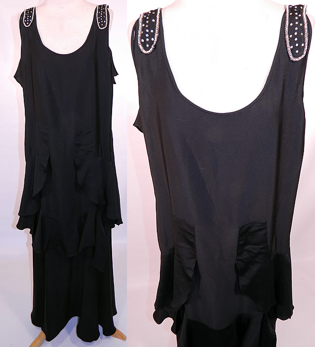 Vintage Art Deco Black Silk Crepe Ruffle Rhinestone Beaded Flapper Dress. This Art Deco vintage black silk crepe ruffle rhinestone beaded flapper dress dates from the 1920s. It is made of a black silk crepe de chine fabric, with rhinestone beading on the shoulder straps and back neckline.