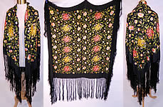 Vintage Black Silk Floral Embroidered Flapper Boho Piano Shawl Scarf