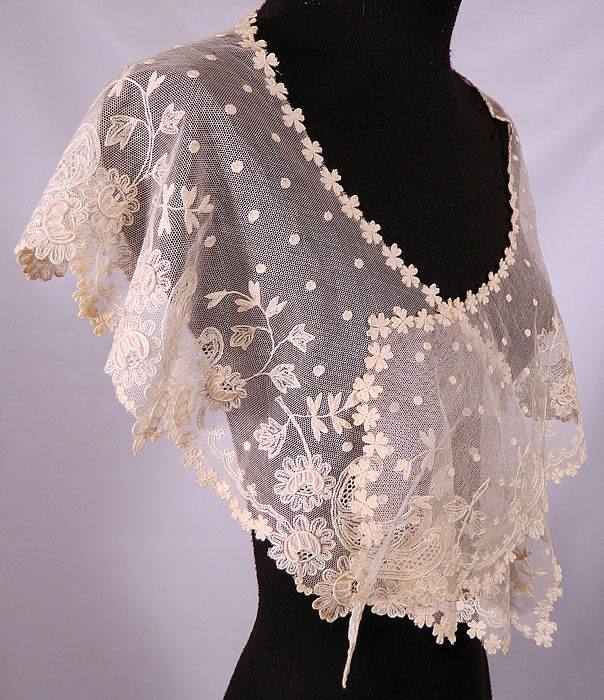 Antique Shamrock Limerick Lace Tambour Embroidery Trim  Shawl Collar. This lovely lace large shawl collar style trim has a circular shape. The trim measures 73 inches in circumference on the outside, 36 inches along the inside neck and is 6 1/2 inches wide. 