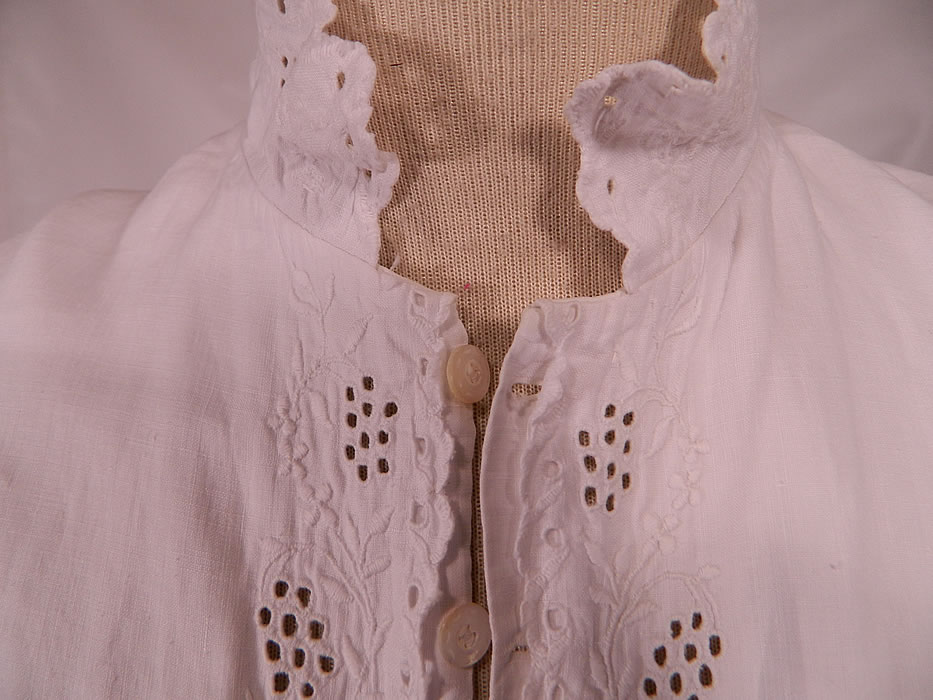 Victorian Broderie Anglaise Eyelet Embroidered Whitework Linen Nightgown Dress. The nightgown is a large size measuring 56 inches long, with 55 inch hips, a 55 inch waist, 50 inch bust, 20 inch back and 23 inch long sleeves.