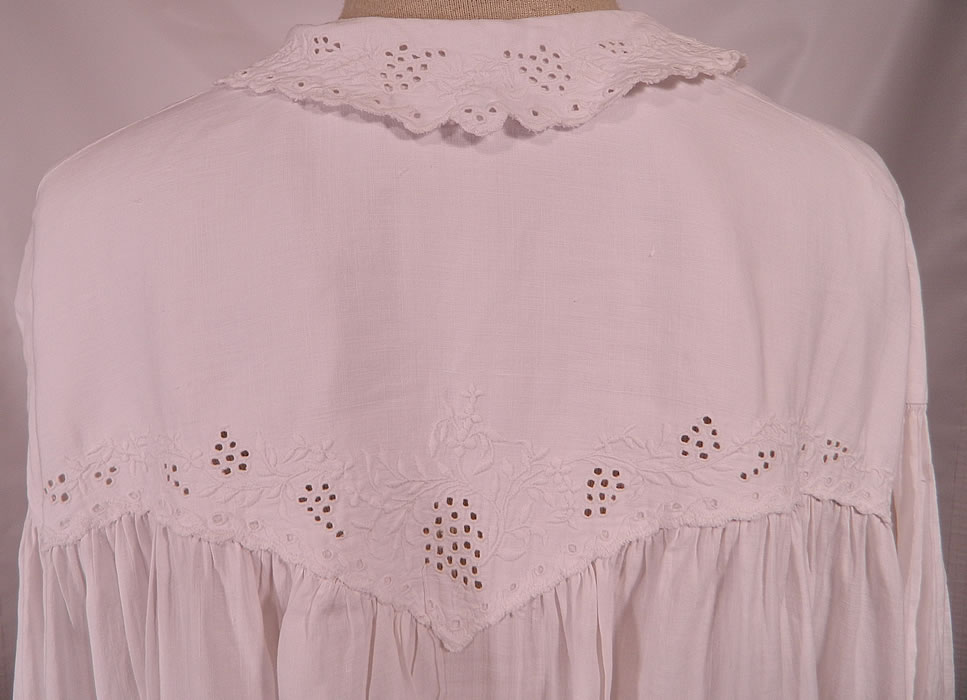 Victorian Broderie Anglaise Eyelet Embroidered Whitework Linen Nightgown Dress. It is in good condition, with only a tiny hole on the bottom hem of the front skirt. This is truly a wonderful piece of wearable Victoriana antique whitework! 