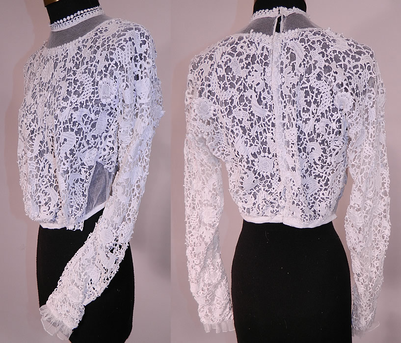 Edwardian White Needle Point Lace Figural Animal Insect Bird Blouse. 
The top measures 16 inches long, with a 22 inch waist, 34 inch bust, 13 inch back and 22 inch long sleeves. 