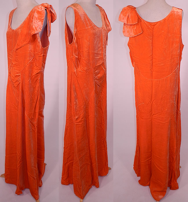 Vintage Orange Silk Velvet Bias Cut Evening Gown Dress
The dress is a large size measuring 59 inches long, with 40 inch hips, a 34 inch waist and 38 inch bust. It is in excellent condition. This is truly a gorgeous quality made piece of Art Deco wearable art! 