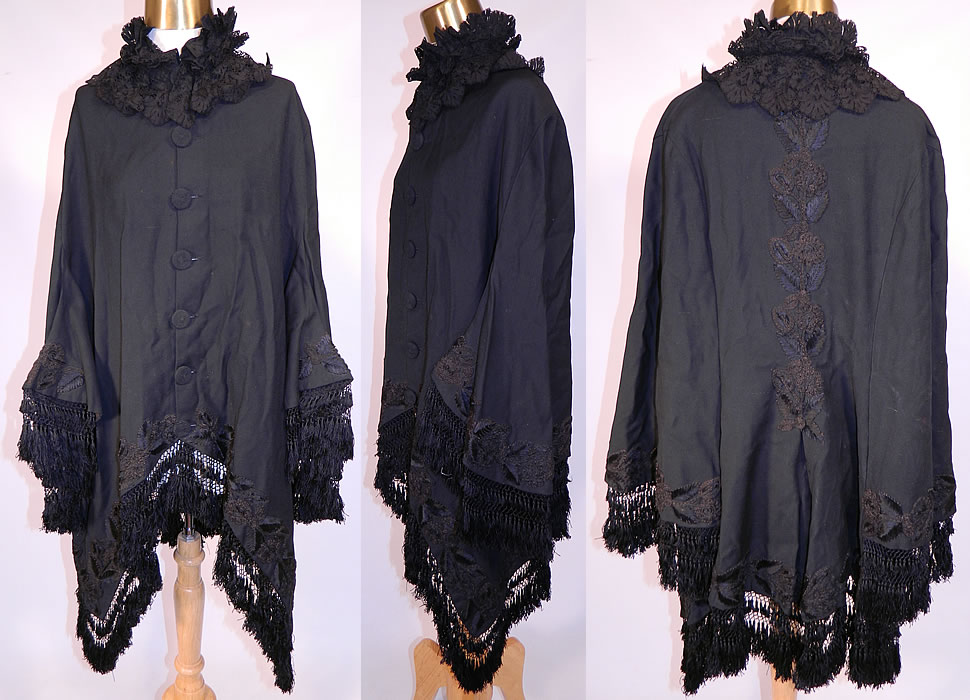 Victorian Black Wool Soutache Embroidered Winter Dolman Mantle Coat Cape
This antique Victorian era black wool soutache embroidered winter dolman mantle coat cape dates from 1880. It is made of a black wool fabric, with black silk soutache embroidery work braided rope and chenille trim flowers along the bottom, sleeves and down the back.