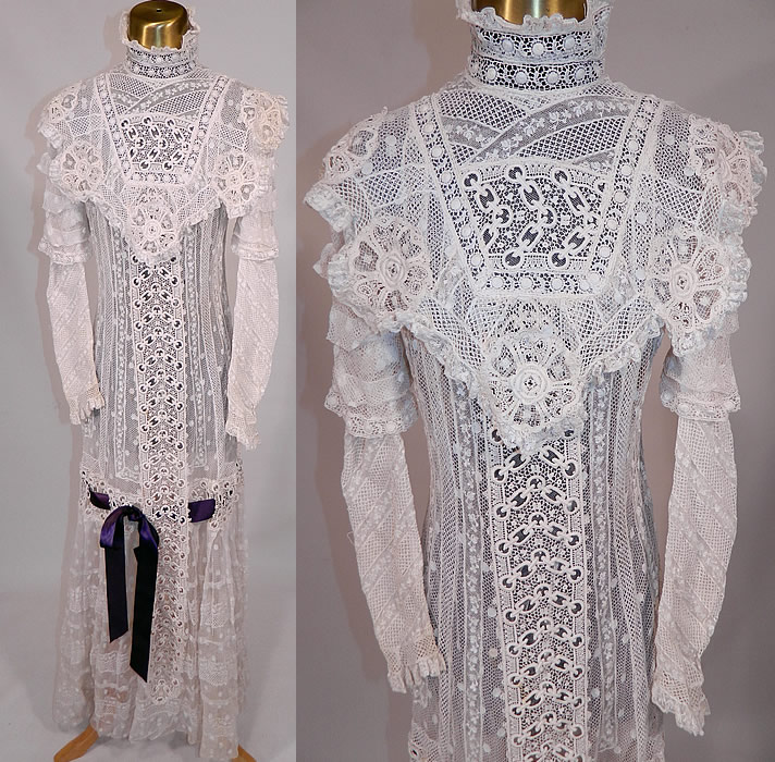 Edwardian Belle Epoque White Mixed Lace Purple Ribbon Skirt Wedding Gown Dress
This exquisite Edwardian era Belle Epoque antique white mixed lace wedding gown dress dates from 1905. It is made of a white net, mixed lace fabric, with appliques and a purple ribbon woven around the skirt tied in a bow on front. 