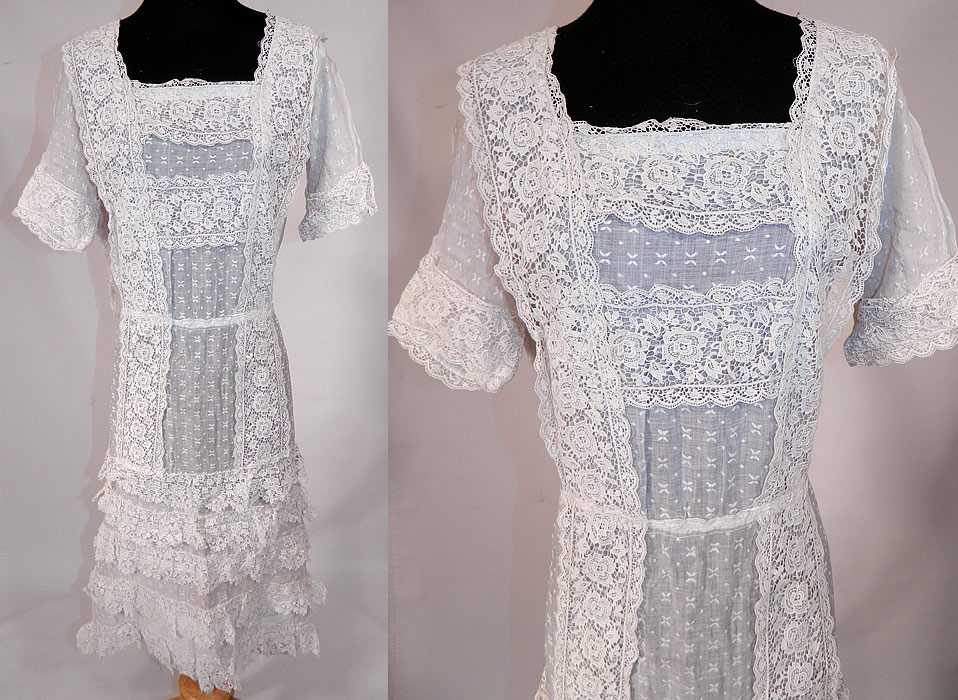 Vintage White Cotton Batiste Embroidered Polka Dot Lace Trim Dress
This vintage white cotton batiste embroidered polka dot lace trim dress dates from the 1920s. It is made of a sheer white cotton batiste fabric with white embroidered polka dots, X designs and floral pattern lace trim.