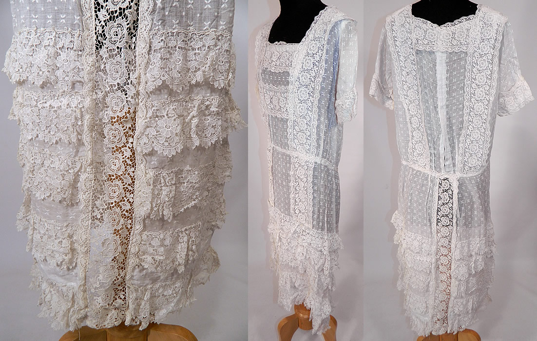 Vintage White Cotton Batiste Embroidered Polka Dot Lace Trim Dress
The dress measures 42 inches long, with 36 inch hips, a 32 inch waist, 38 inch bust and 14 inch back. It is in good condition. This is truly a wonderful, sweet, charming piece of wearable lace art! 