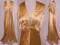 Vintage Hollywood Glam Gold Silk Satin Sexy Bias Cut Dress Evening Gown