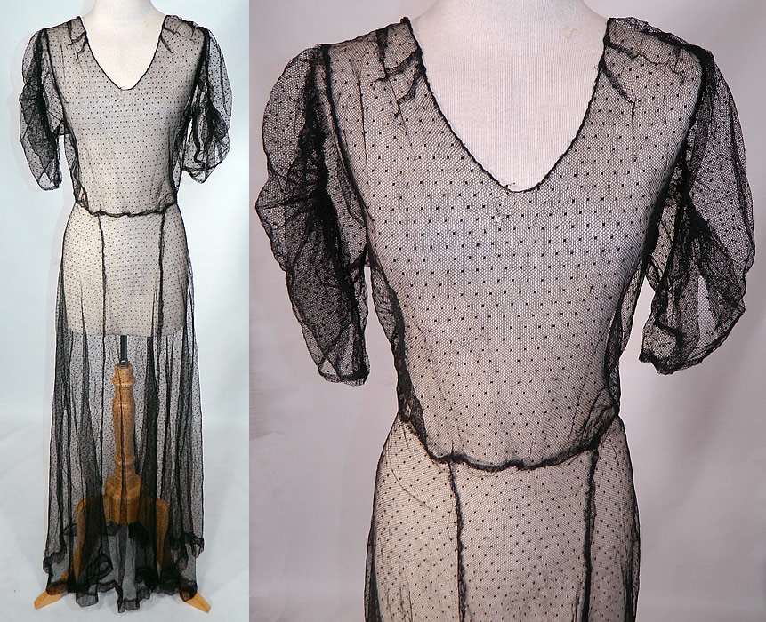 Vintage Black Swiss Polka Dot Net Sheer Bias Cut Dress Gown
This vintage black swiss polka dot net sheer bias cut dress gown dates from the 1930s. It is made of a sheer black fine net fabric, with a tiny square swiss dot polka dot pattern. 