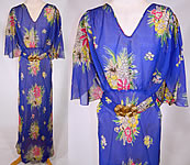 Vintage Blue Silk Chiffon Floral Bouquet Print Belted Bias Cut Dress