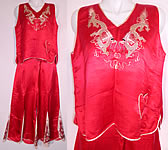 Vintage Red & White Silk Embroidered Asian Chinese Dragon Pajamas