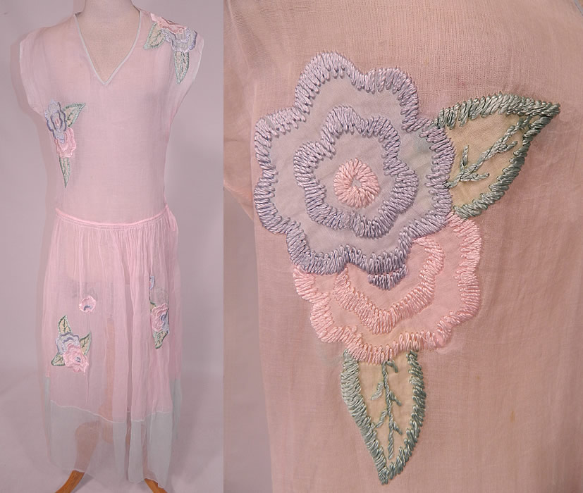 Vintage Pastel Pink & Blue Organdy Floral Embroidered Applique Sheer Party Dress
This vintage pastel pink and blue organdy floral embroidered appliqué sheer party dress dates from the 1930s. It is made of a pale pastel pink and blue sheer organdy fabric, with pastel cotton fabric appliqué flowers and decorative embroidered stitching.