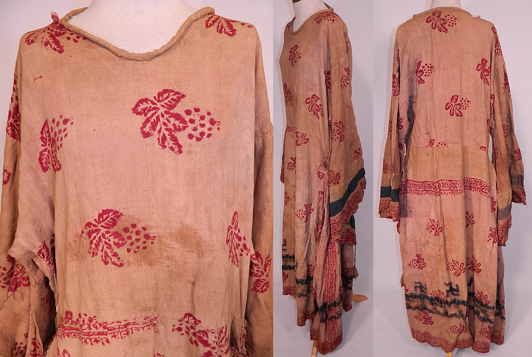 Antique 19th Century Nepalese Nepal Hindu Lakhe Mask Dance Dress Kimono Sleeve
The swastika design is widely used by Nepalese Buddhists, Jainism and in Hinduism where it is well recognized as an important Hindu symbol representing God and energy. 