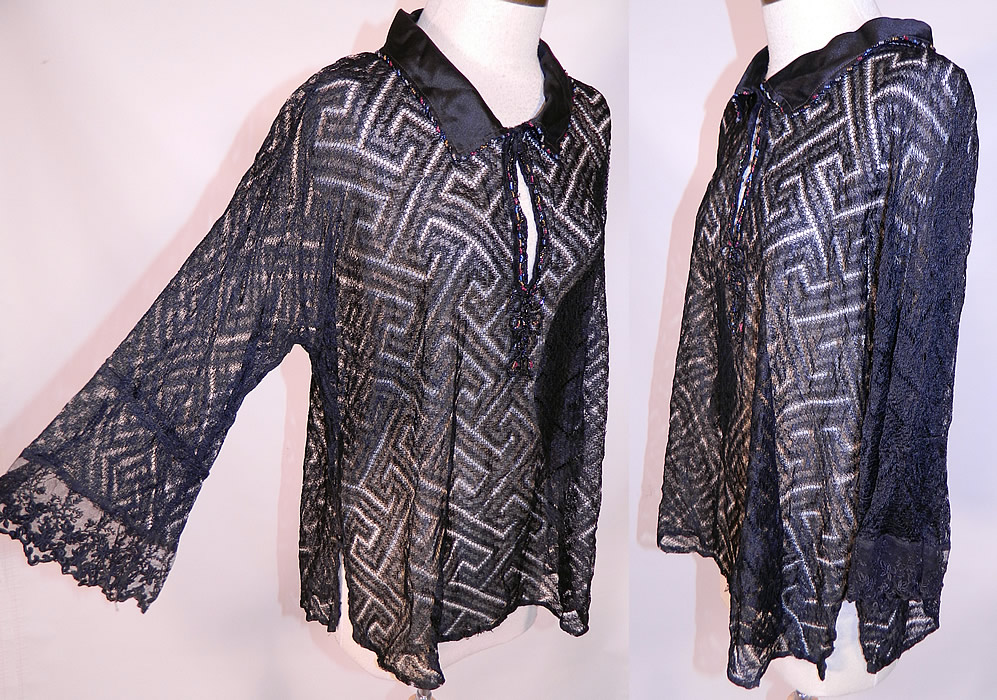 Vintage Art Deco Greek Key Meander Black Silk Net Lace Beaded Flapper Blouse
This beautiful blouse has a long loose fitting style, with bottom skirt side slits, a key hole front opening, silk trim fold over collar with hook closure at the neck, long full sleeves with lace cuffs and is sheer, completely unlined.