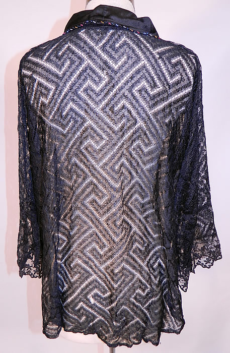 Vintage Art Deco Greek Key Meander Black Silk Net Lace Beaded Flapper Blouse
The top measures 26 inches long, with a 46 inch waist, 42 inch bust, 16 inch back and 20 inch long sleeves. It is in good condition. This is truly a wonderful piece of wearable Art Deco textile art!