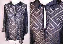 Vintage Art Deco Greek Key Meander Black Silk Net Lace Beaded Flapper Blouse