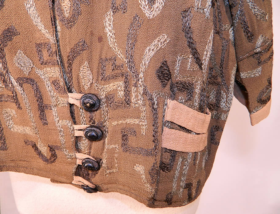 Vintage Art Deco Brown Silk Crepe Embroidered Flapper Blouse Coat Jacket
It is in good condition, but has not been cleaned and has a couple of small age spot stains (see close-up). This is truly a wonderful piece of wearable Art Deco textile art! 