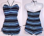 Vintage Web Foot Pinup Black & Turquoise Blue Striped Silver Glitter Knit Swimsuit
