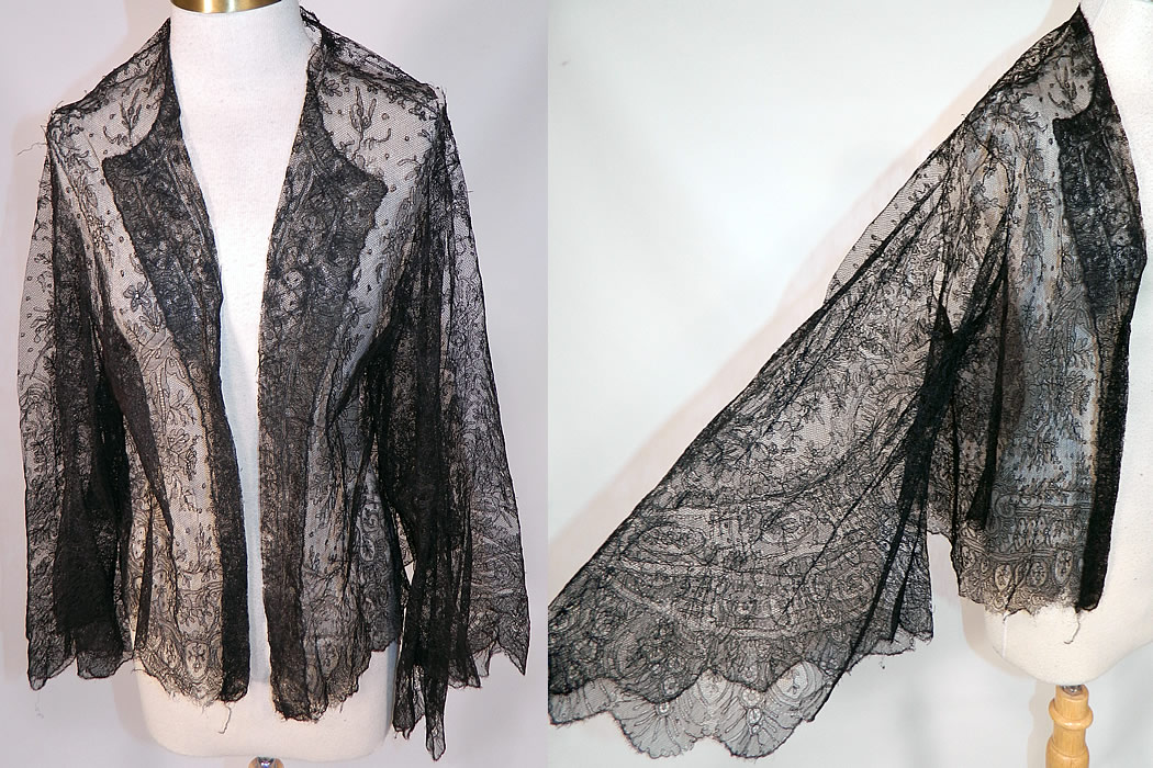 Victorian Civil War Antique Black Chantilly Lace Shawl Jacket Pagoda Sleeve
This antique Victorian Civil War era black Chantilly lace shawl jacket pagoda sleeve dates from the 1860s. It is made of a sheer fine delicate black net French Chantilly lace, with a Swiss dot, floral foliage leaf pattern outlined in black threads with detailed shading effects and a beautiful decorative scalloped border edging.