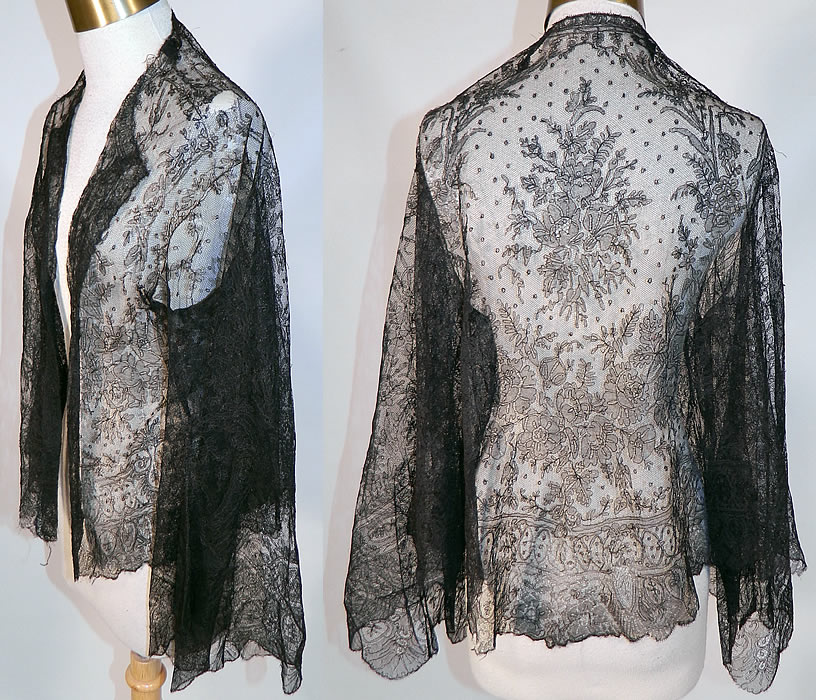 Victorian Civil War Antique Black Chantilly Lace Shawl Jacket Pagoda Sleeve
This lovely lace has a lush floral design throughout. It has been created into a loose fitting short style open front jacket, with no closure, a fold over sewn lapel, long full sleeves with wide flared bell shaped pagoda sleeves and is sheer, completely unlined.