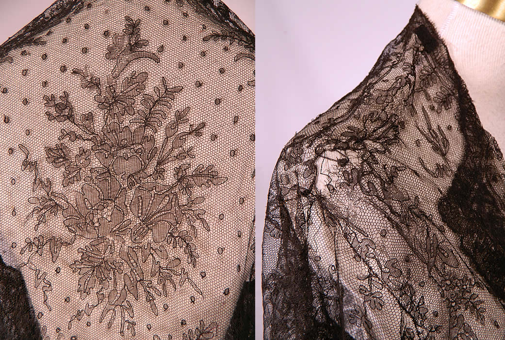 Victorian Civil War Antique Black Chantilly Lace Shawl Jacket Pagoda Sleeve
The jacket measures 22 inches long, with a 46 inch waist, 40 inch bust, 16 inch back and 21 inch long sleeves. 
It is in as-is fair fragile condition, with several small frayed holes along the shoulders, on the back sleeve seam and bottom front (see close-ups).