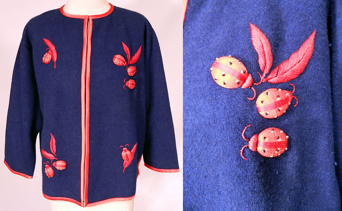 Vintage Dolly Hong Kong Label Blue & Red Embroidered Beaded Ladybug Sweater
This vintage Dolly Hong Kong label blue and red embroidered beaded ladybug sweater dates from the 1950s. It is made of a navy blue lambswool, angora rabbit hair knit fabric, with red satin trim edging and red raised embroidered ladybugs with beading.