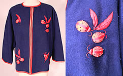 Vintage Dolly Hong Kong Label Blue & Red Embroidered Beaded Ladybug Sweater