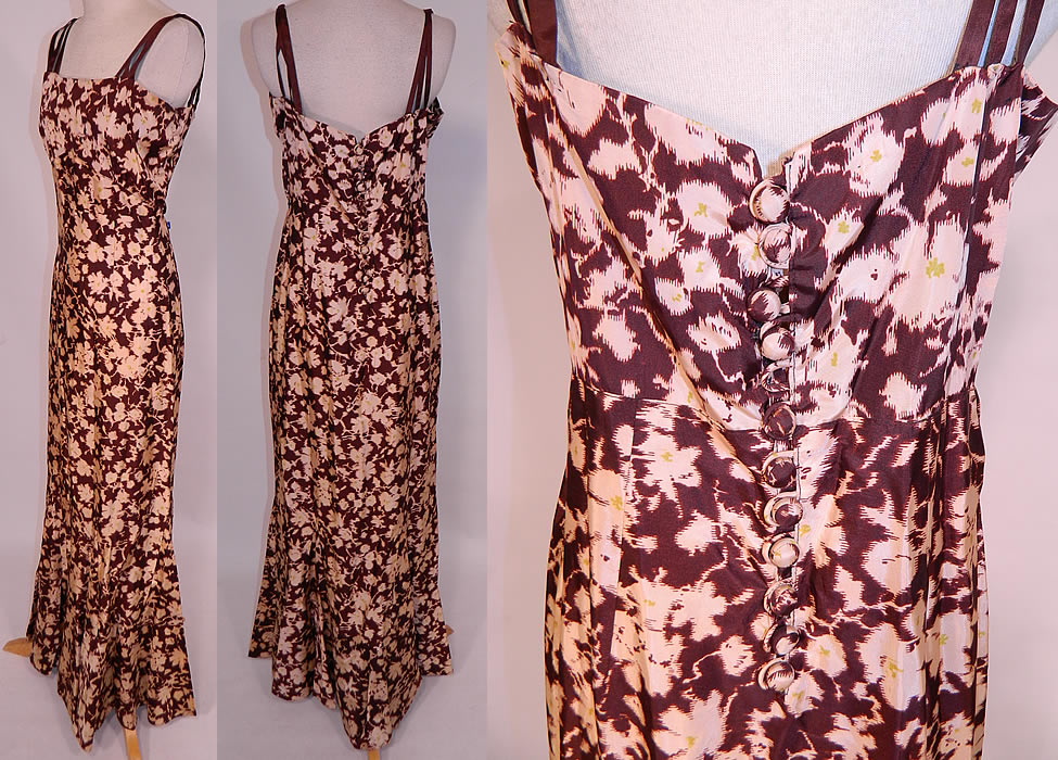 Vintage Ikat Dye Brown Floral Print Silk Moire Taffeta Bias Cut Dress Gown
The dress measures 57 inches long, with 38 inch hips, a 30 inch waist and 34 inch bust. It is in good condition, only missing 1 button closure. This is truly a wonderful piece of wearable textile art! 