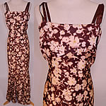 Vintage Ikat Dye Brown Floral Print Silk Moire Taffeta Bias Cut Dress Gown