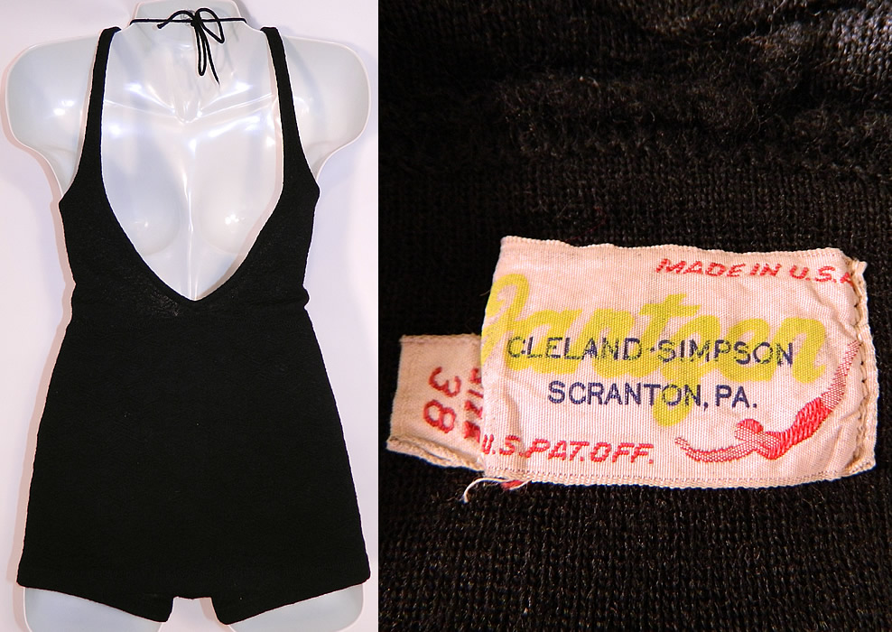 Vintage Jantzen Women's Black Wool Knit Onepiece Swimsuit Size 38
There is a "Jantzen Cleland-Simpson Scranton, PA. Made in U.S.A." label and size 38 tag sewn inside. 