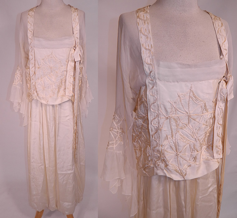 Edwardian Cream Silk Spider Cob Web Soutache Embroidered Gown Dress
This exquisite Edwardian era cream silk spider cob web soutache embroidered gown dress dates from 1915. It is made of an off white cream color fine silk fabric, with raised soutache embroidery work done in spider web, cobweb designs on the bodice top and sleeves.