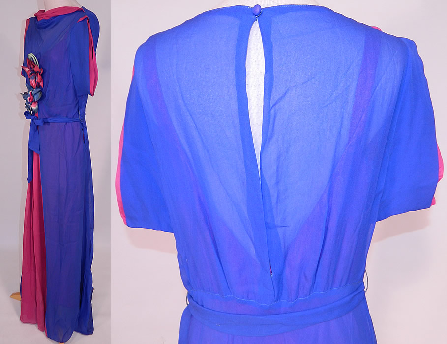 Vintage Blue Fuchsia Silk Chiffon Grecian Goddess Gown Belted Bias Cut Dress
The dress measures 58 inches long, with 36 inch hips, a 30 inch waist and 36 inch bust. It is in excellent condition. This is truly a wonderful piece of wearable art! 