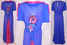 Vintage Blue Fuchsia Silk Chiffon Grecian Goddess Gown Belted Bias Cut Dress