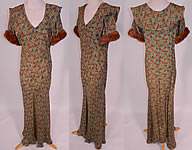 Vintage Green Gold Lamé Lame Floral Print Bias Cut Gown Shawl Collar Fur Trim Cuffs