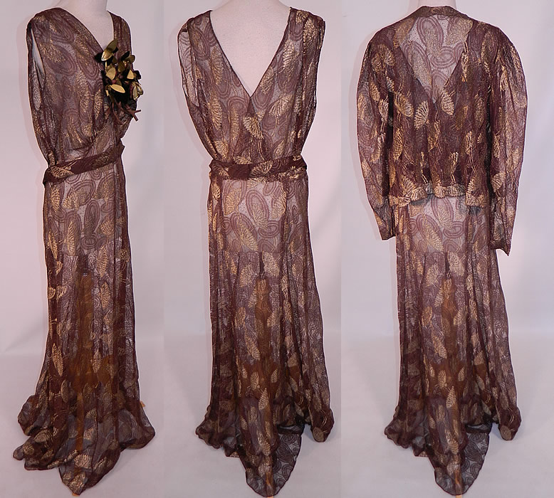 Vintage Gold Lame Brown Lace Flower Bias Cut Dress Jacket Evening Gown Lamé
There is a matching fabric jacket top, with an open front, no closure, long full sleeves and is sheer, unlined. The jacket measures 20 inches long, with a 38 inch waist, 36 inch bust and 24 inch long sleeves. It is in excellent condition. This is truly a rare and wonderful piece of quality made Hollywood glam wearable art!