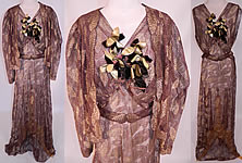 Vintage Gold Lame Brown Lace Flower Bias Cut Dress Jacket Evening Gown Lamé