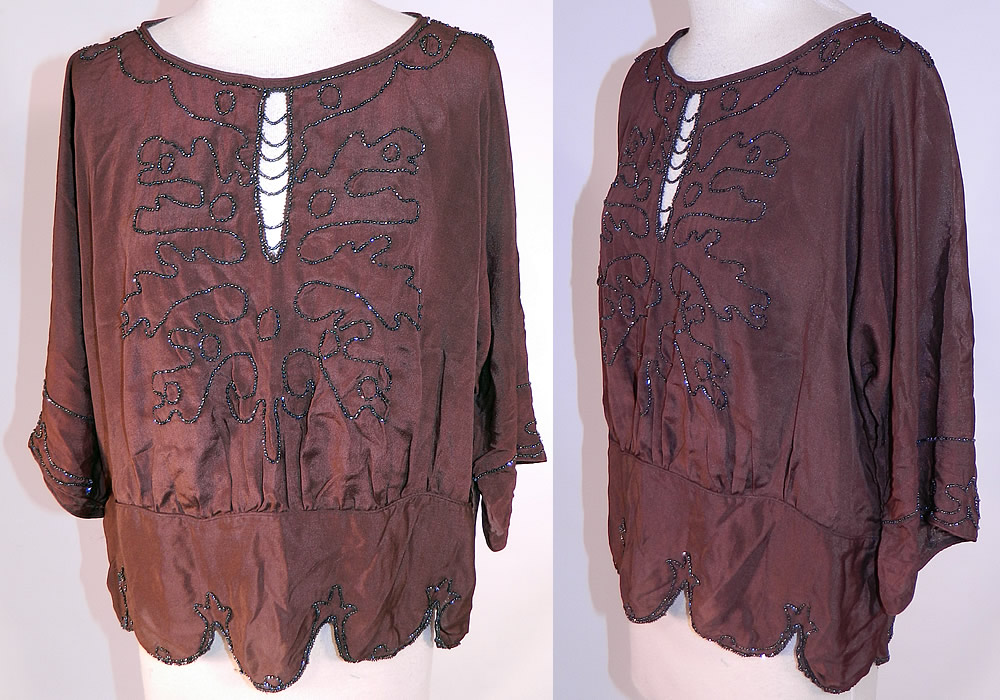 Vintage Art Deco Brown Silk Silver Beaded Flapper Blouse Shirt Top
This vintage Art Deco brown silk silver beaded flapper blouse shirt top dates from the 1920s. It is made of a brown silk crepe de chine fabric, with a charcoal color silver beading done in Art Deco abstract spiral scrolling designs.