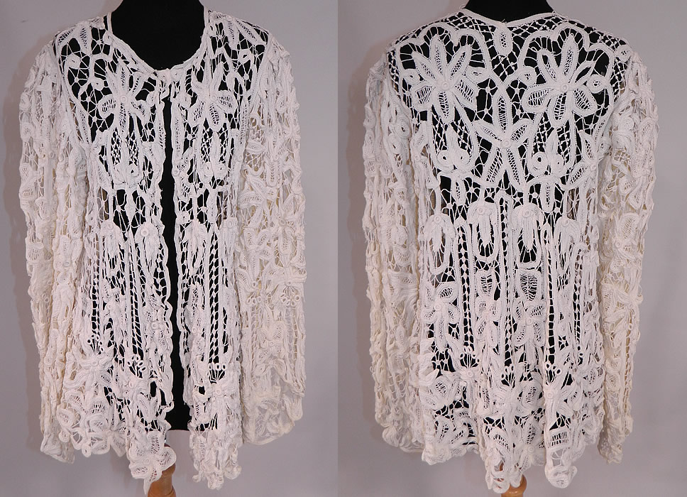 Edwardian Antique Cream Battenburg Crochet Tape Lace Coat Jacket
This exquisite vintage Edwardian era antique cream battenburg crochet tape lace coat jacket dates from 1915. It is made of an off white cream color battenburg crochet lace created with tapes, connecting thread picot ornamented bars with a decorative spiral, floral, leaf, scroll work designs. 