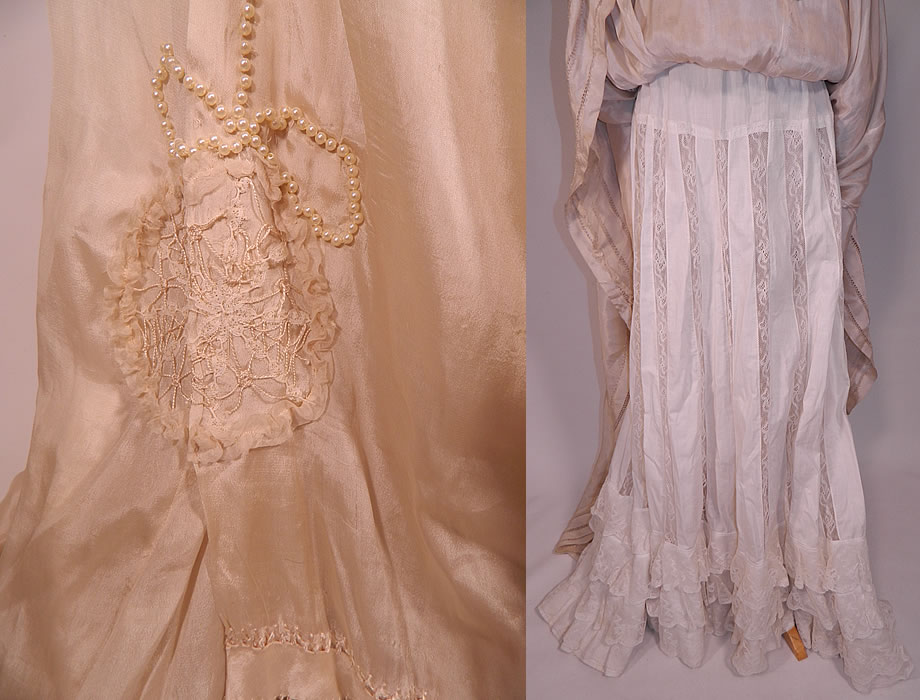 Edwardian Cream Silk Ruched Pearl Beaded Lace Trim Wedding Gown Train Skirt Dress
The dress measures 58 inches long in the front, 88 inches long in the back, with a 26 inch waist and 34 inch bust. 