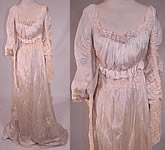 Edwardian Cream Silk Ruched Pearl Beaded Lace Trim Wedding Gown Train Skirt Dress
